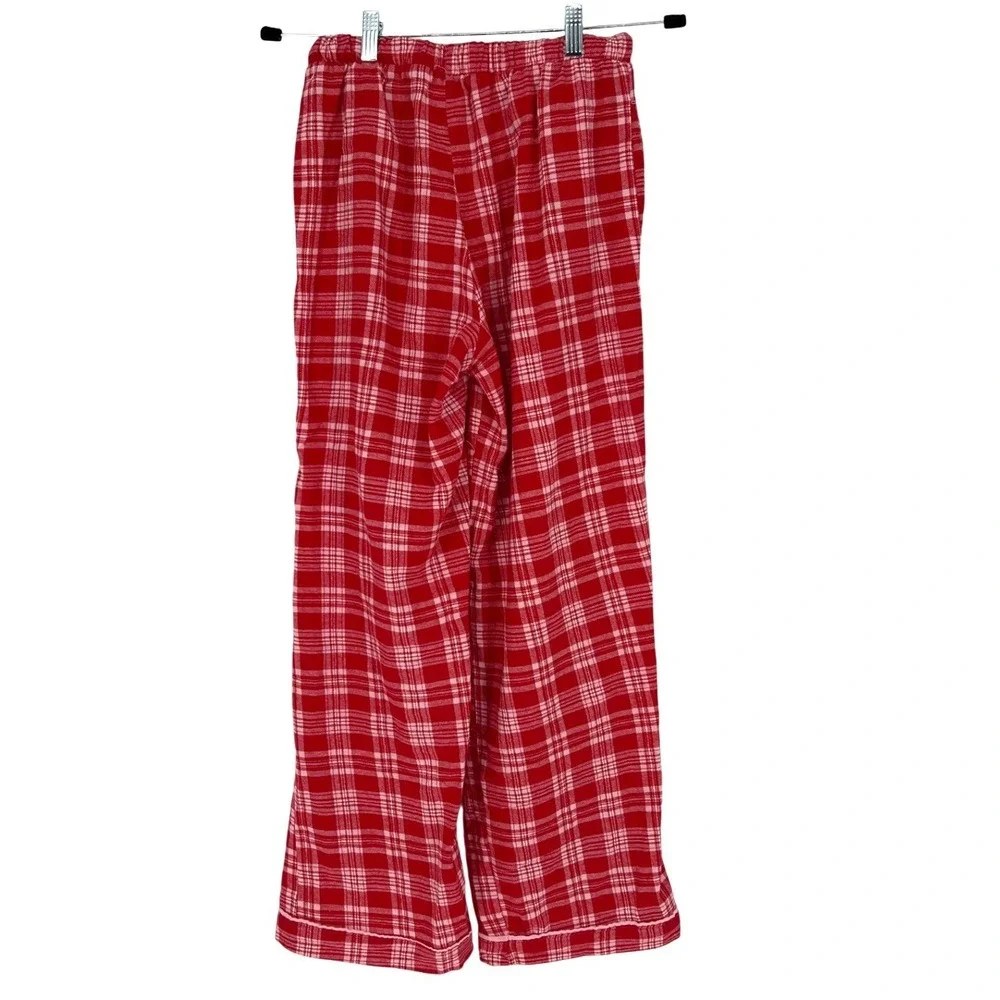Happily Grey Red Plaid Flannel‎ Pajama Set Dog Embroidered Sleepwear Small EUC
